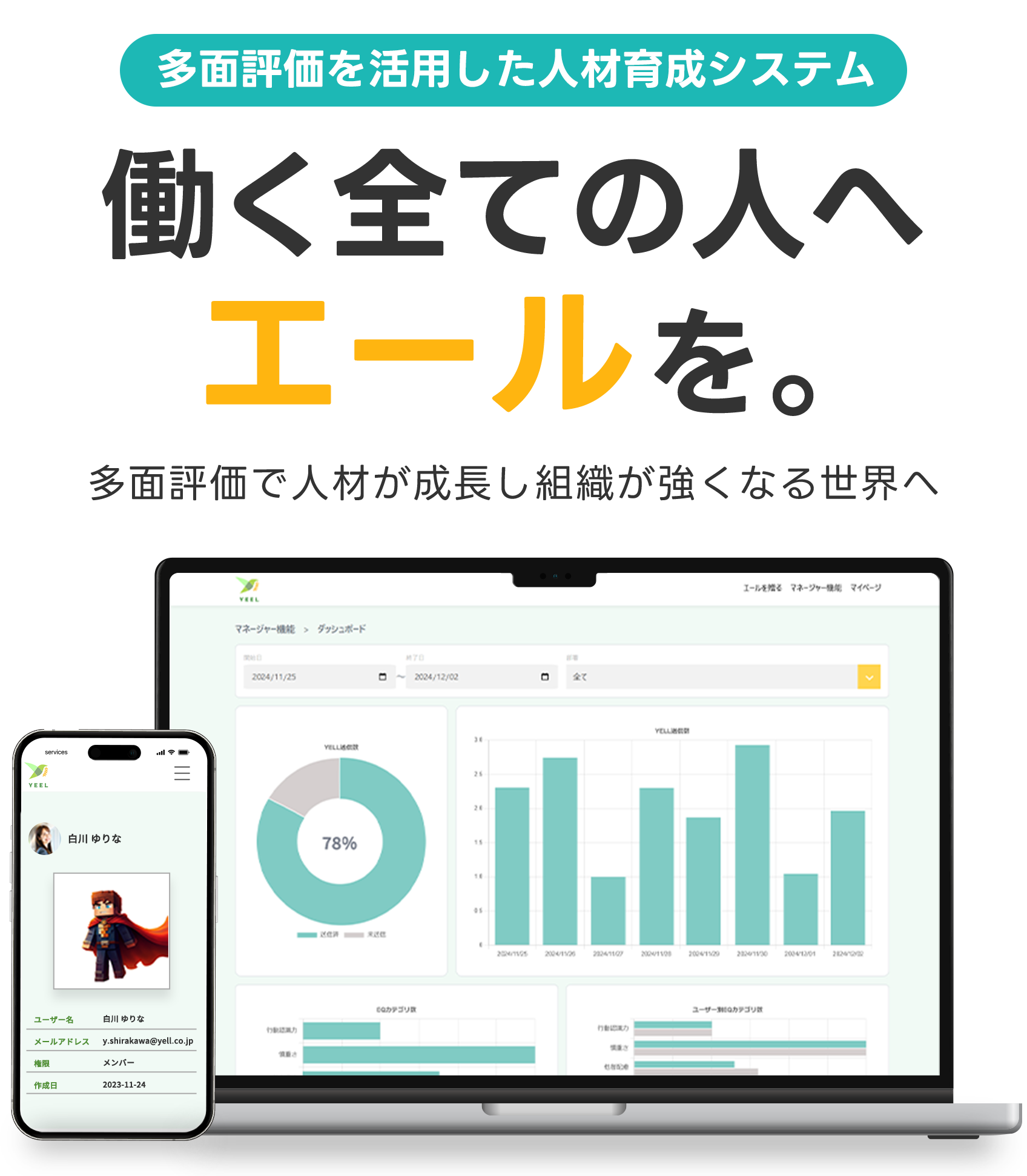 多面評価を活用した人材育成システム 働く全ての人へエールを 多面評価で人材が成長し組織が強くなる世界へ